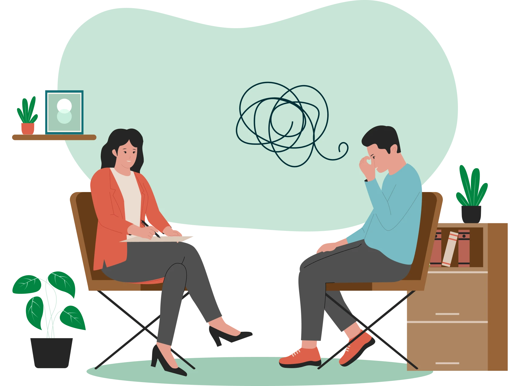 Counseling session illustration with abstract thought.